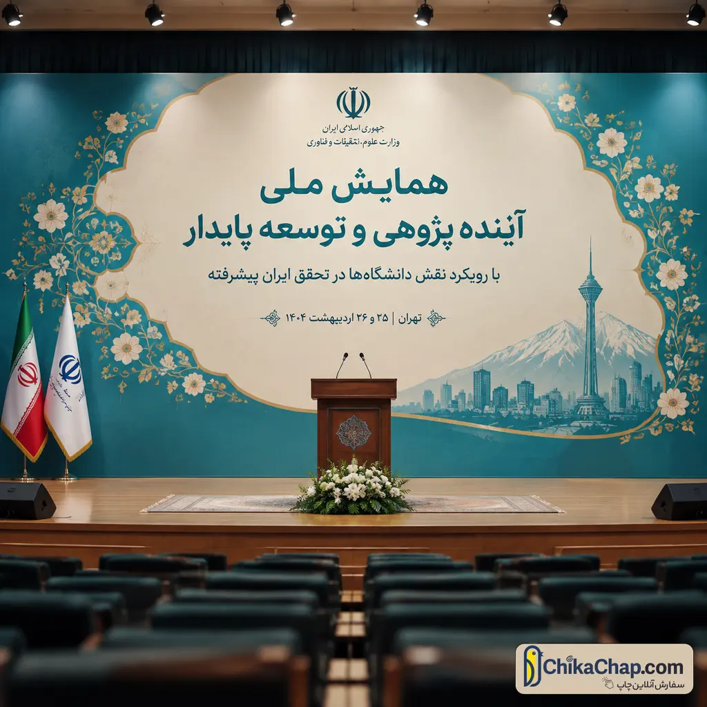 چاپ بنر سن همایش و بک&zwnj;دراپ استیج کنفرانس با ابعاد بزرگ و بدون چروک